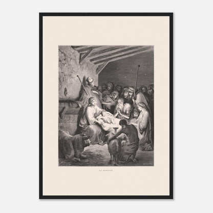 Illustration ancienne La Nativité par Gustave Doré (42x59,4 cm (A2) / Cadre noir). Gravure de Gustave Doré représentant La Nativité avec Marie, Joseph, des animaux et des anges dans une étable.