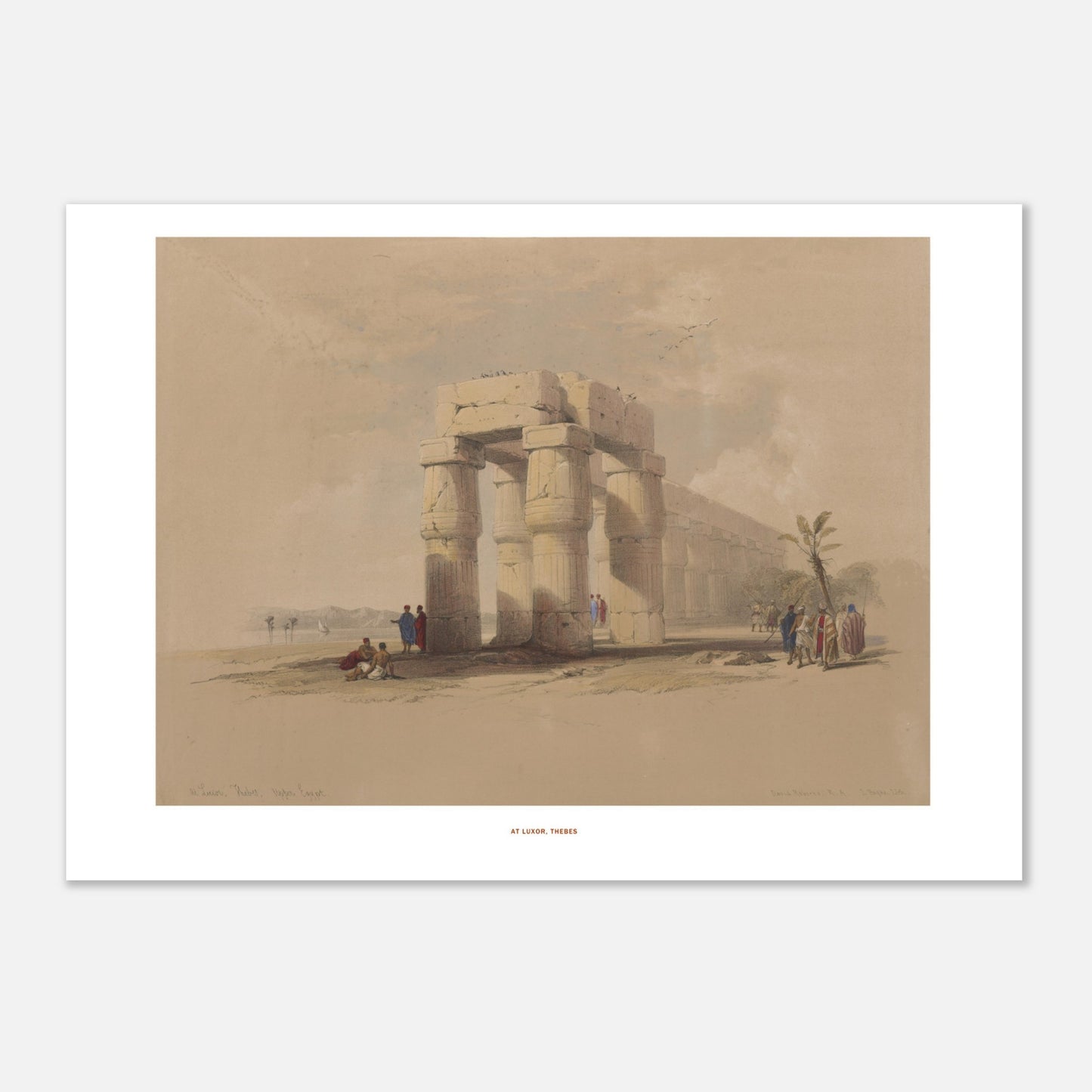 Illustration ancienne : Ruines de Louxor à Thèbes - David Roberts (21x29,7 cm (A4)). Lithographie ancienne représentant les ruines de Louxor, Thèbes, avec des colonnes imposantes et quelques personnages.