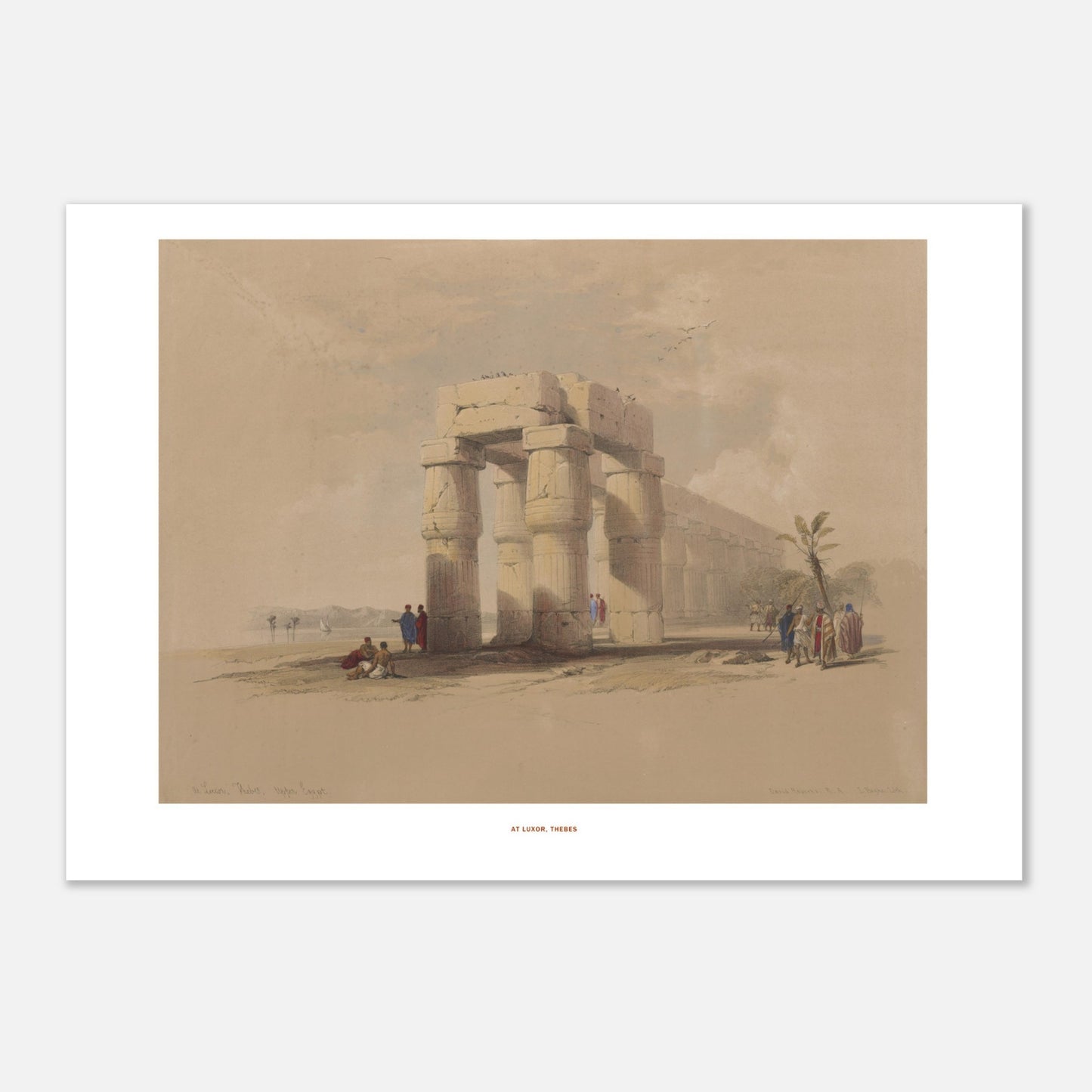 Illustration ancienne : Ruines de Louxor à Thèbes - David Roberts (29,7x42 cm (A3)). Lithographie ancienne représentant les ruines de Louxor, Thèbes, avec des colonnes imposantes et quelques personnages.