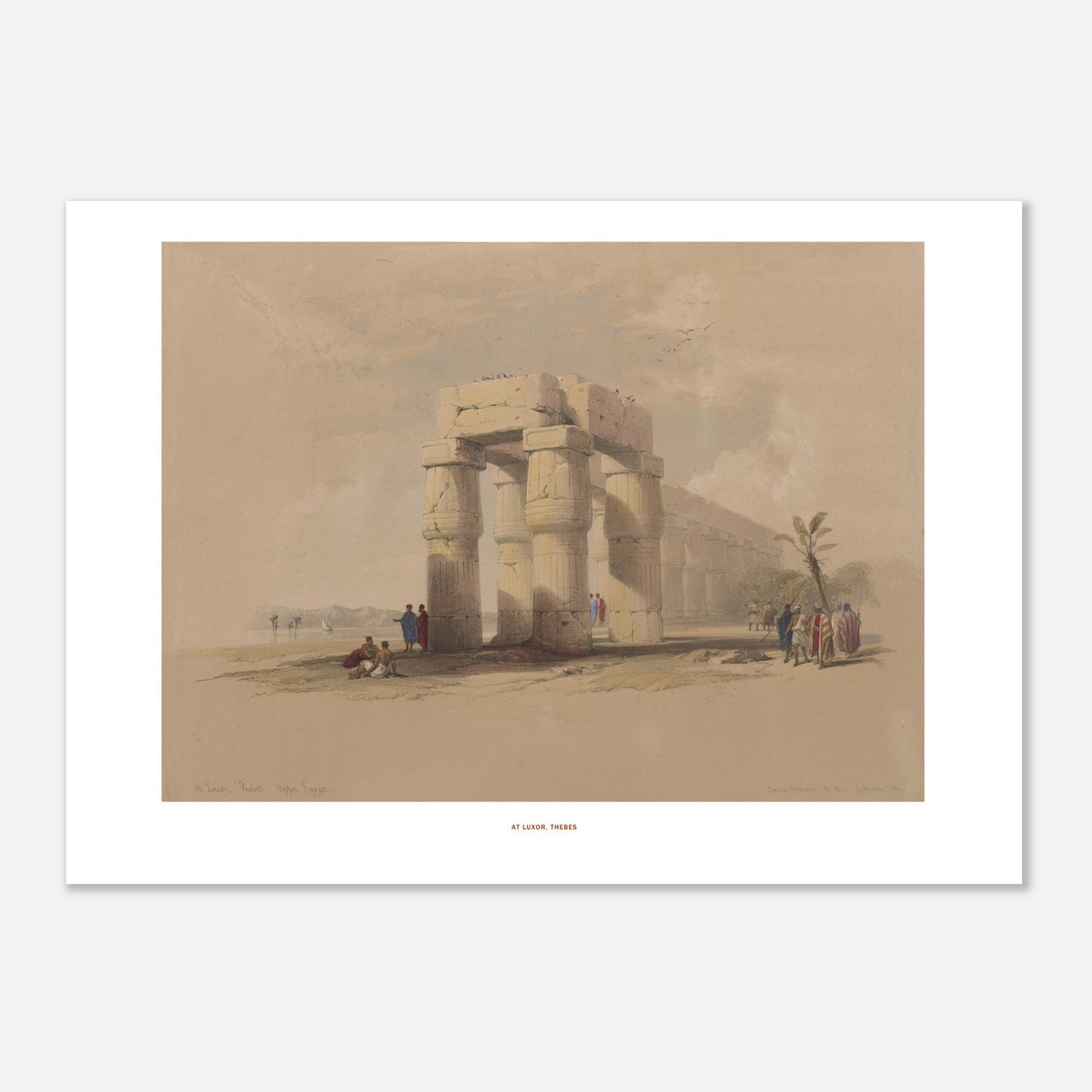 Illustration ancienne : Ruines de Louxor à Thèbes - David Roberts (50x70 cm). Lithographie ancienne représentant les ruines de Louxor, Thèbes, avec des colonnes imposantes et quelques personnages.