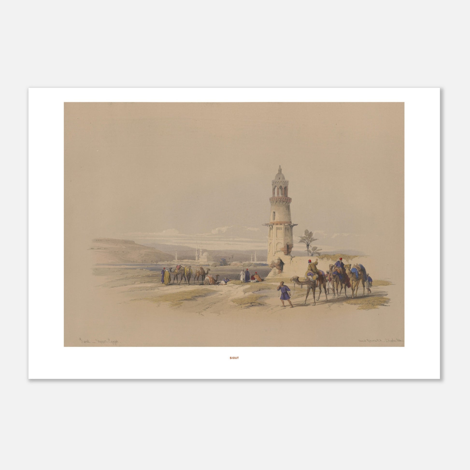 Illustration ancienne de Siout, Égypte - David Roberts (21x29,7 cm (A4)). Lithographie ancienne représentant un paysage de Siout avec un minaret, des palmiers et une caravane de chameaux.
