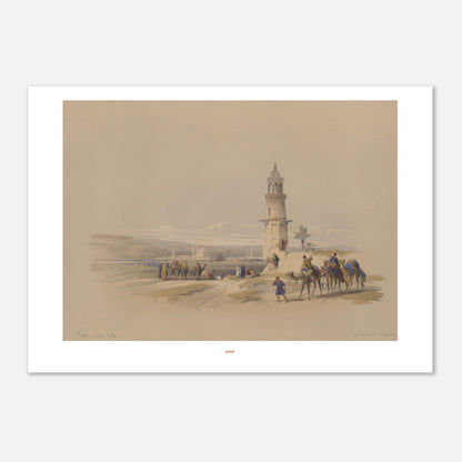 Illustration ancienne de Siout, Égypte - David Roberts (21x29,7 cm (A4)). Lithographie ancienne représentant un paysage de Siout avec un minaret, des palmiers et une caravane de chameaux.