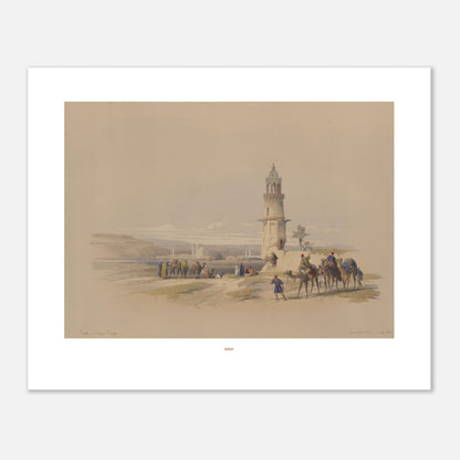 Illustration ancienne de Siout, Égypte - David Roberts (40x50 cm). Lithographie ancienne représentant un paysage de Siout avec un minaret, des palmiers et une caravane de chameaux.