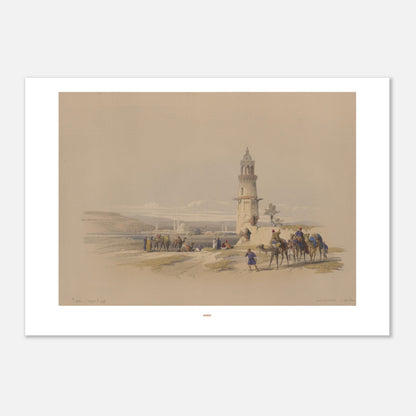 Illustration ancienne de Siout, Égypte - David Roberts (42x59,4 cm (A2)). Lithographie ancienne représentant un paysage de Siout avec un minaret, des palmiers et une caravane de chameaux.