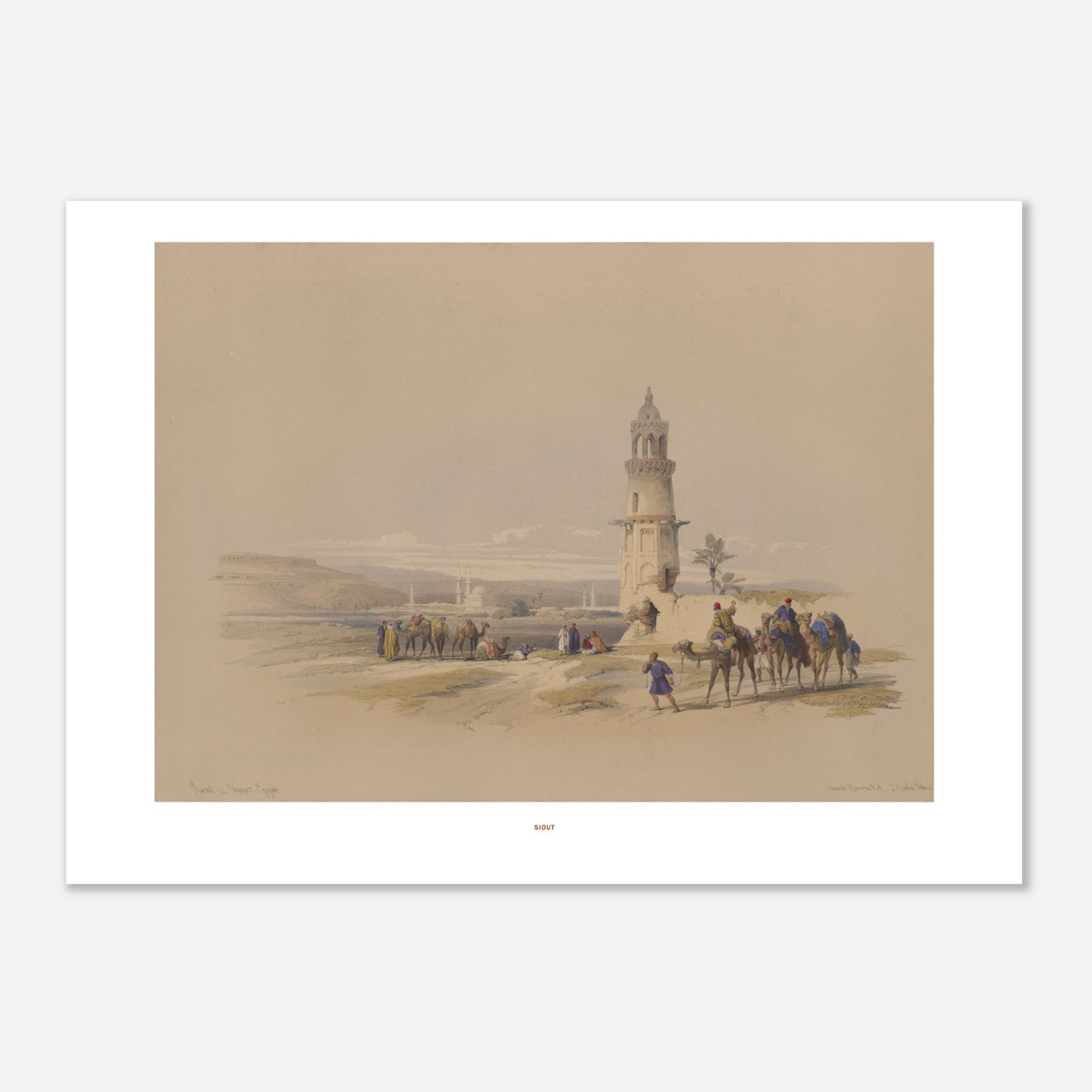 Illustration ancienne de Siout, Égypte - David Roberts (50x70 cm). Lithographie ancienne représentant un paysage de Siout avec un minaret, des palmiers et une caravane de chameaux.