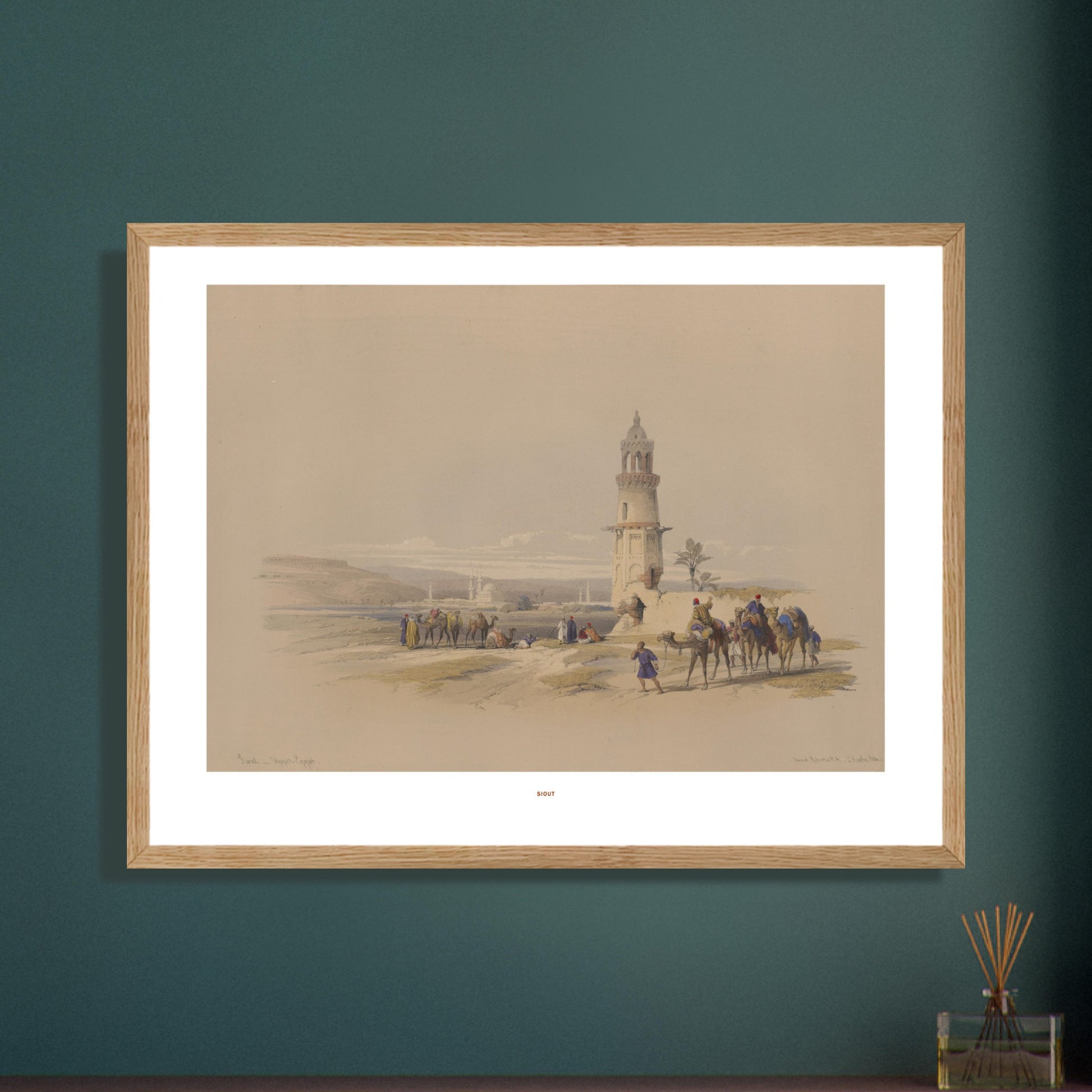 Illustration ancienne de Siout, Égypte - David Roberts. Lithographie ancienne représentant un paysage de Siout avec un minaret, des palmiers et une caravane de chameaux. Image d'illustration 6