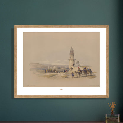 Illustration ancienne de Siout, Égypte - David Roberts. Lithographie ancienne représentant un paysage de Siout avec un minaret, des palmiers et une caravane de chameaux. Image d'illustration 6