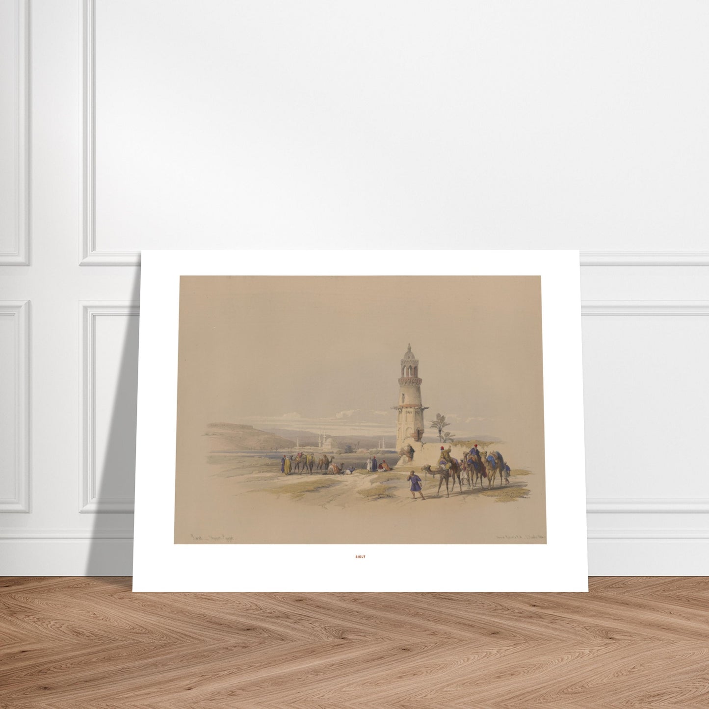 Illustration ancienne de Siout, Égypte - David Roberts. Lithographie ancienne représentant un paysage de Siout avec un minaret, des palmiers et une caravane de chameaux. Image d'illustration 7