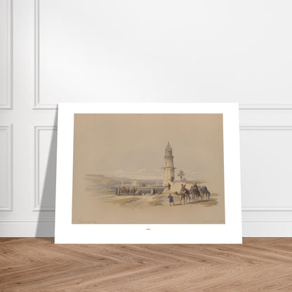 Illustration ancienne de Siout, Égypte - David Roberts. Lithographie ancienne représentant un paysage de Siout avec un minaret, des palmiers et une caravane de chameaux. Image d'illustration 7