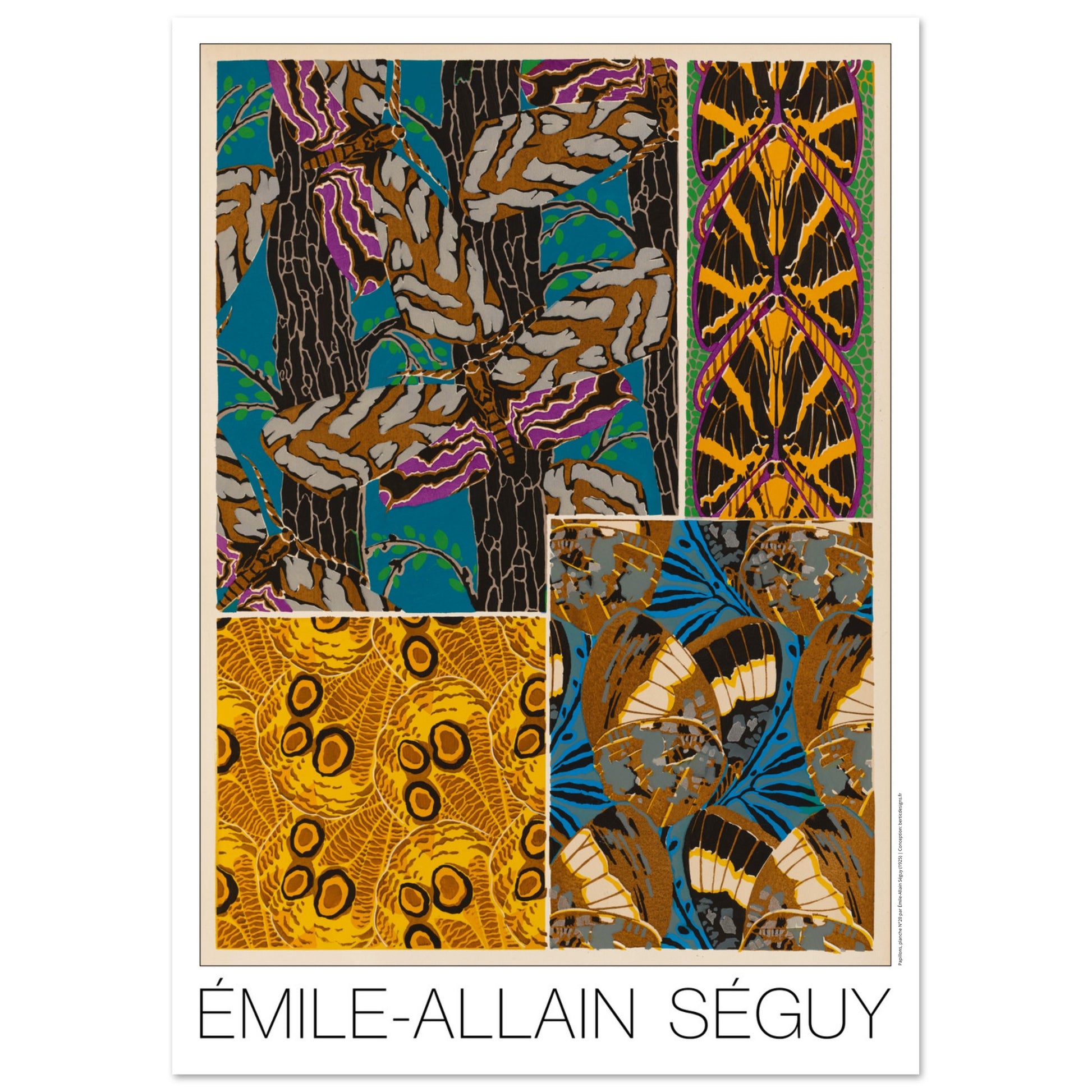 Illustration Art déco d’Émile-Allain Séguy : composition naturelle n°4 (29,7x42 cm (A3)). Composition décorative de l'Art déco par Émile-Allain Séguy présentant des motifs inspirés par la nature, incluant des arbres, des feuilles et des papillons stylisés.