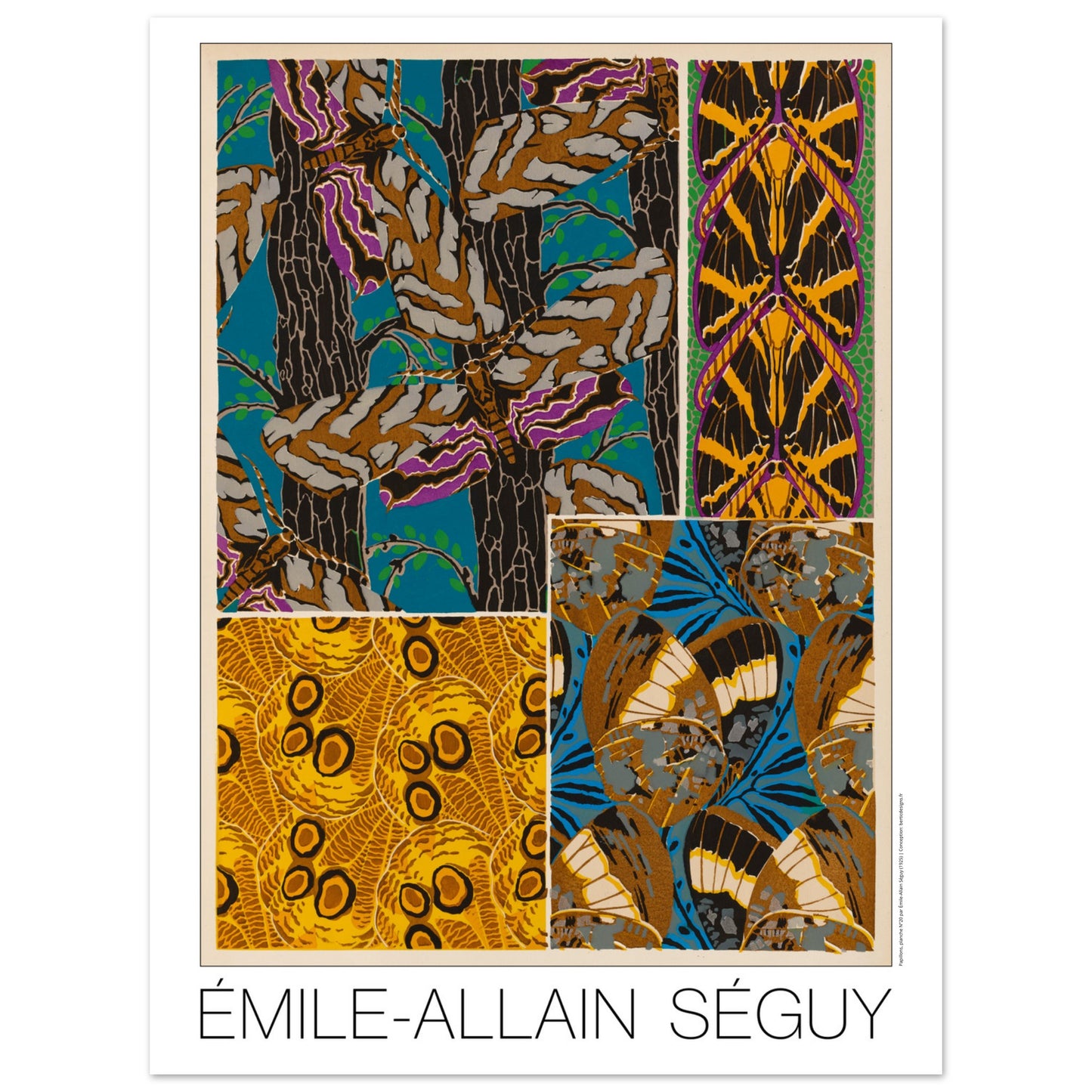 Illustration Art déco d’Émile-Allain Séguy : composition naturelle n°4 (30x40 cm). Composition décorative de l'Art déco par Émile-Allain Séguy présentant des motifs inspirés par la nature, incluant des arbres, des feuilles et des papillons stylisés.