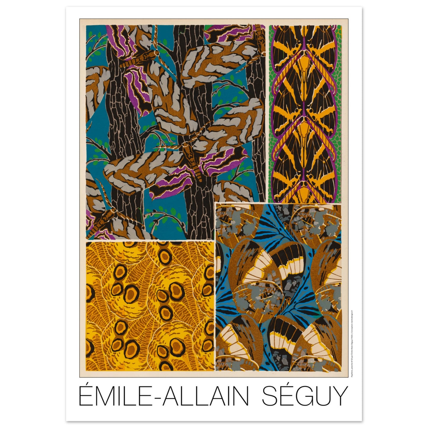 Illustration Art déco d’Émile-Allain Séguy : composition naturelle n°4 (50x70 cm). Composition décorative de l'Art déco par Émile-Allain Séguy présentant des motifs inspirés par la nature, incluant des arbres, des feuilles et des papillons stylisés.