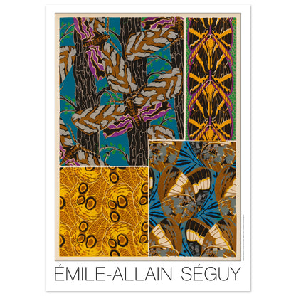 Illustration Art déco d’Émile-Allain Séguy : composition naturelle n°4 (50x70 cm). Composition décorative de l'Art déco par Émile-Allain Séguy présentant des motifs inspirés par la nature, incluant des arbres, des feuilles et des papillons stylisés.