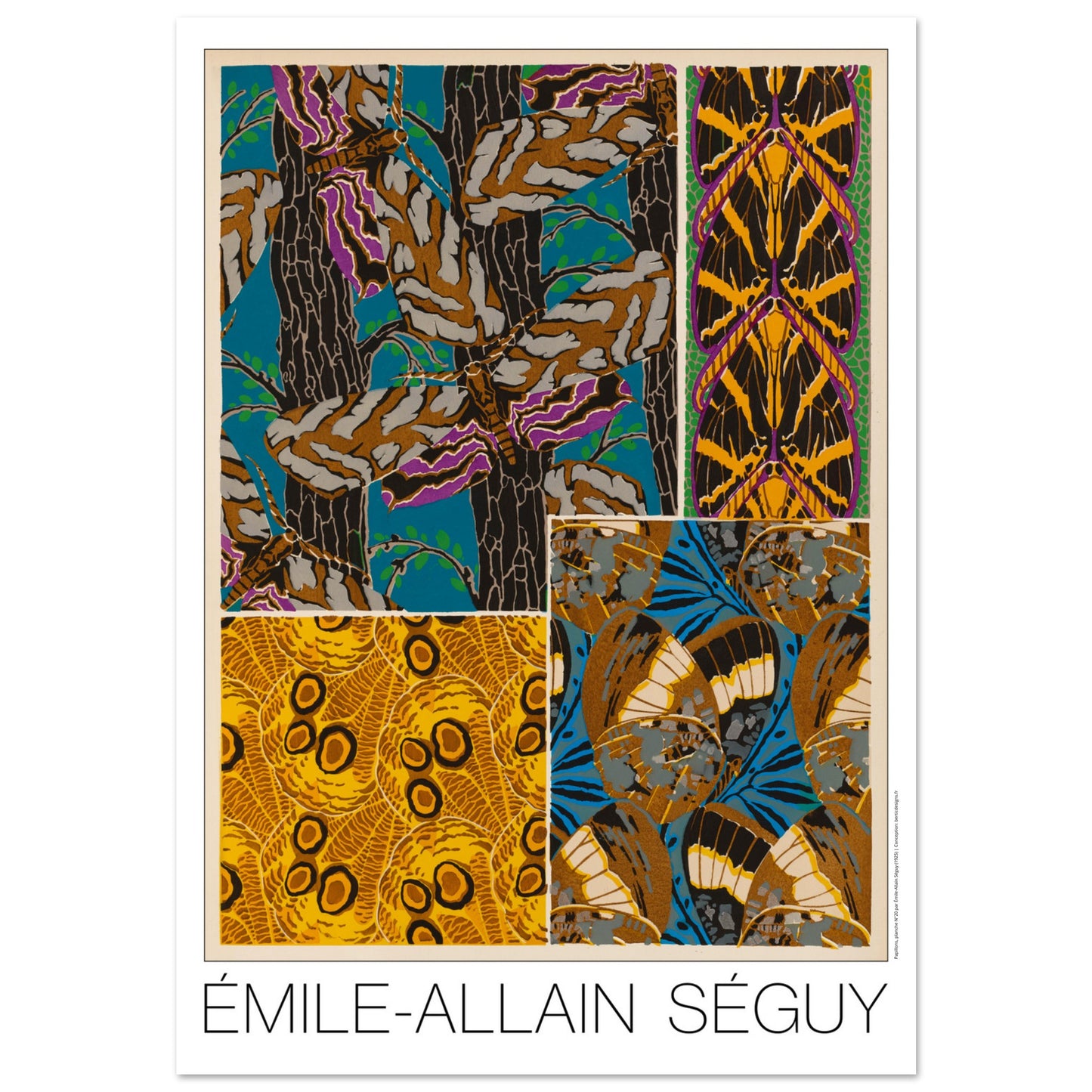 Illustration Art déco d’Émile-Allain Séguy : composition naturelle n°4 (70x100 cm). Composition décorative de l'Art déco par Émile-Allain Séguy présentant des motifs inspirés par la nature, incluant des arbres, des feuilles et des papillons stylisés.