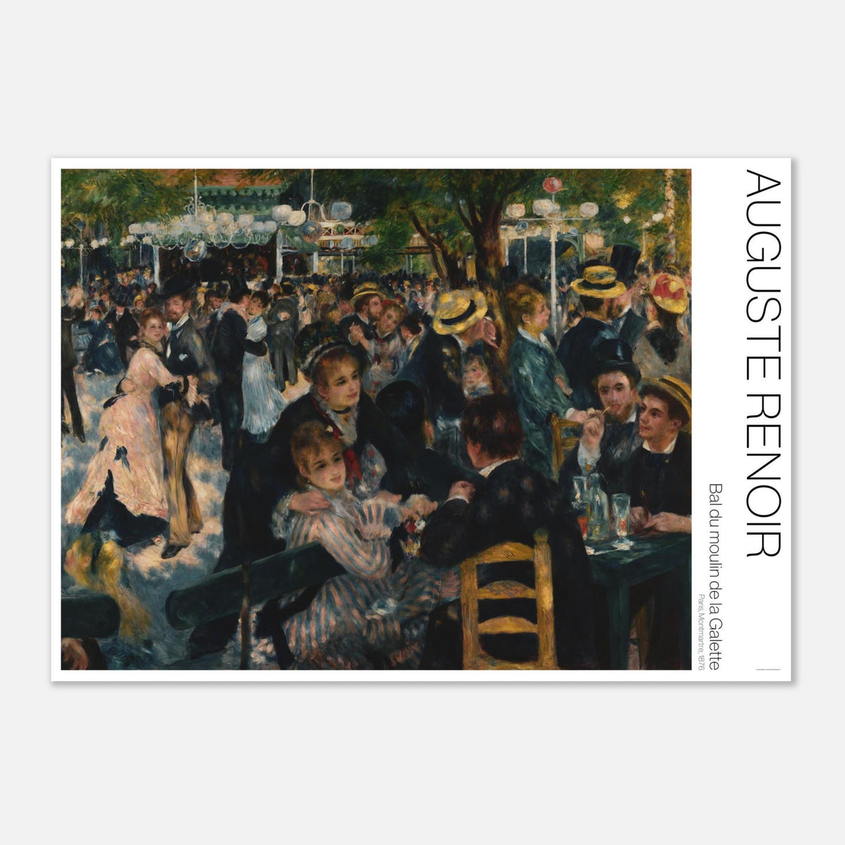 Illustration von Bal du moulin de la Galette von Auguste Renoir (29,7x42 cm (A3)). Impressionistisches Gemälde, das eine fröhliche Menschenmenge beim Tanzen und Unterhalten während eines Freiluftballs unter Bäumen darstellt.