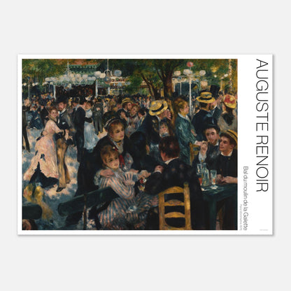Illustration von Bal du moulin de la Galette von Auguste Renoir (42x59,4 cm (A2)). Impressionistisches Gemälde, das eine fröhliche Menschenmenge beim Tanzen und Unterhalten während eines Freiluftballs unter Bäumen darstellt.