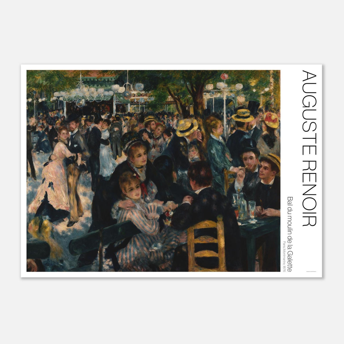 Illustration von Bal du moulin de la Galette von Auguste Renoir (59,4x84,1 cm (A1)). Impressionistisches Gemälde, das eine fröhliche Menschenmenge beim Tanzen und Unterhalten während eines Freiluftballs unter Bäumen darstellt.