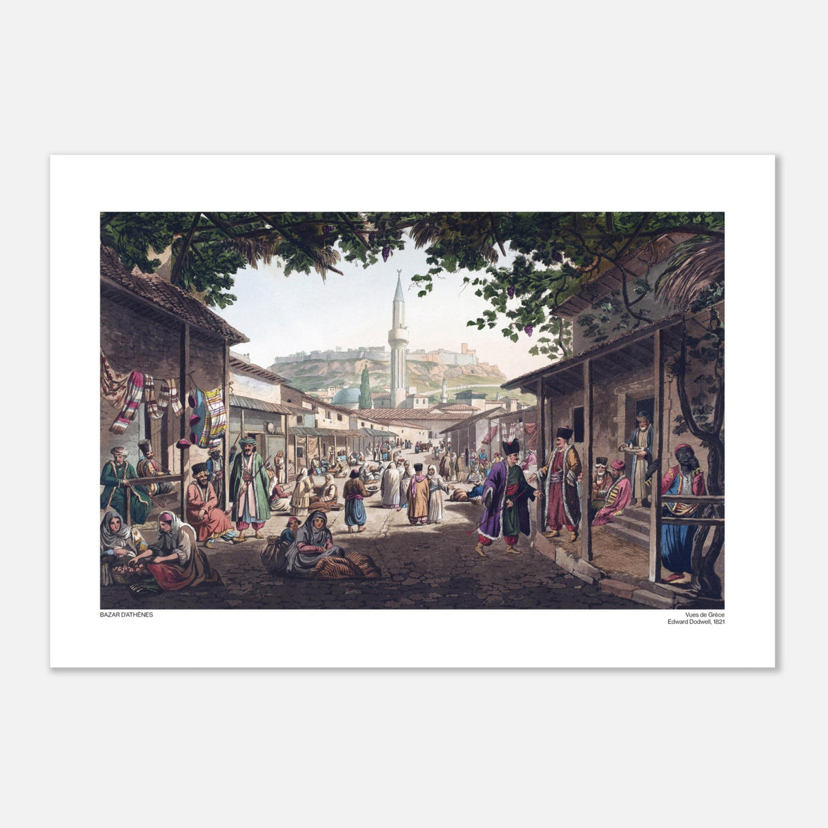 Illustrazione del Bazar di Atene nel XIX secolo, di Edward Dodwell (29,7x42 cm (A3)). Illustrazione di un vivace mercato in una città, intitolata "Bazar di Atene", con edifici bassi, bancarelle e persone in costumi tradizionali, dominata da una moschea.