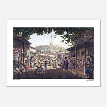 Illustrazione del Bazar di Atene nel XIX secolo, di Edward Dodwell (29,7x42 cm (A3)). Illustrazione di un vivace mercato in una città, intitolata "Bazar di Atene", con edifici bassi, bancarelle e persone in costumi tradizionali, dominata da una moschea.