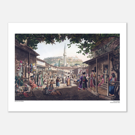 Illustrazione del Bazar di Atene nel XIX secolo, di Edward Dodwell (30x40 cm). Illustrazione di un vivace mercato in una città, intitolata "Bazar di Atene", con edifici bassi, bancarelle e persone in costumi tradizionali, dominata da una moschea.