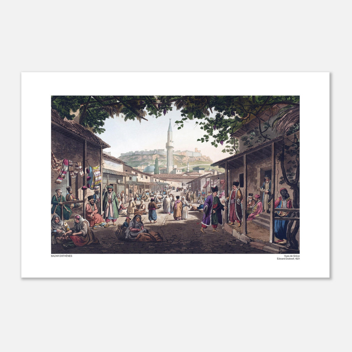 Illustrazione del Bazar di Atene nel XIX secolo, di Edward Dodwell (40x60 cm). Illustrazione di un vivace mercato in una città, intitolata "Bazar di Atene", con edifici bassi, bancarelle e persone in costumi tradizionali, dominata da una moschea.