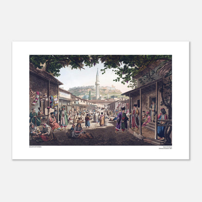Illustrazione del Bazar di Atene nel XIX secolo, di Edward Dodwell (40x60 cm). Illustrazione di un vivace mercato in una città, intitolata "Bazar di Atene", con edifici bassi, bancarelle e persone in costumi tradizionali, dominata da una moschea.