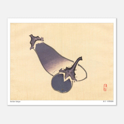 Illustration Botanique d'une Aubergine par l'artiste japonais Kōno Bairei (20x25 cm). Illustration d'une aubergine avec sa tige et ses feuilles, peinte dans un style japonais épuré.