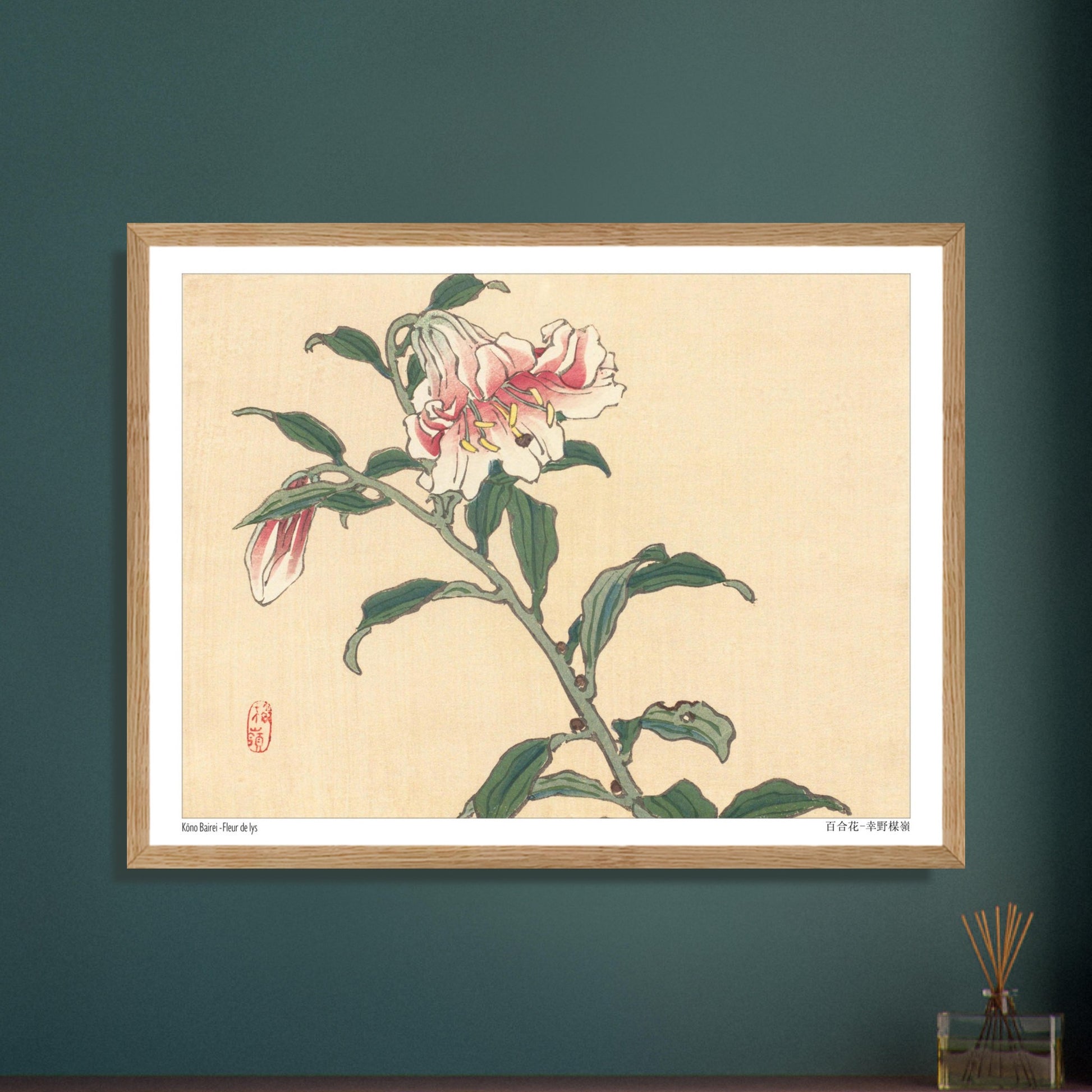 Illustration botanique d'une Fleur de Lys par Kōno Bairei. Illustration botanique d'une fleur de lys rose et blanche, dessinée par Kōno Bairei sur fond beige, avec des feuilles vertes et une tige. Image d'illustration 6
