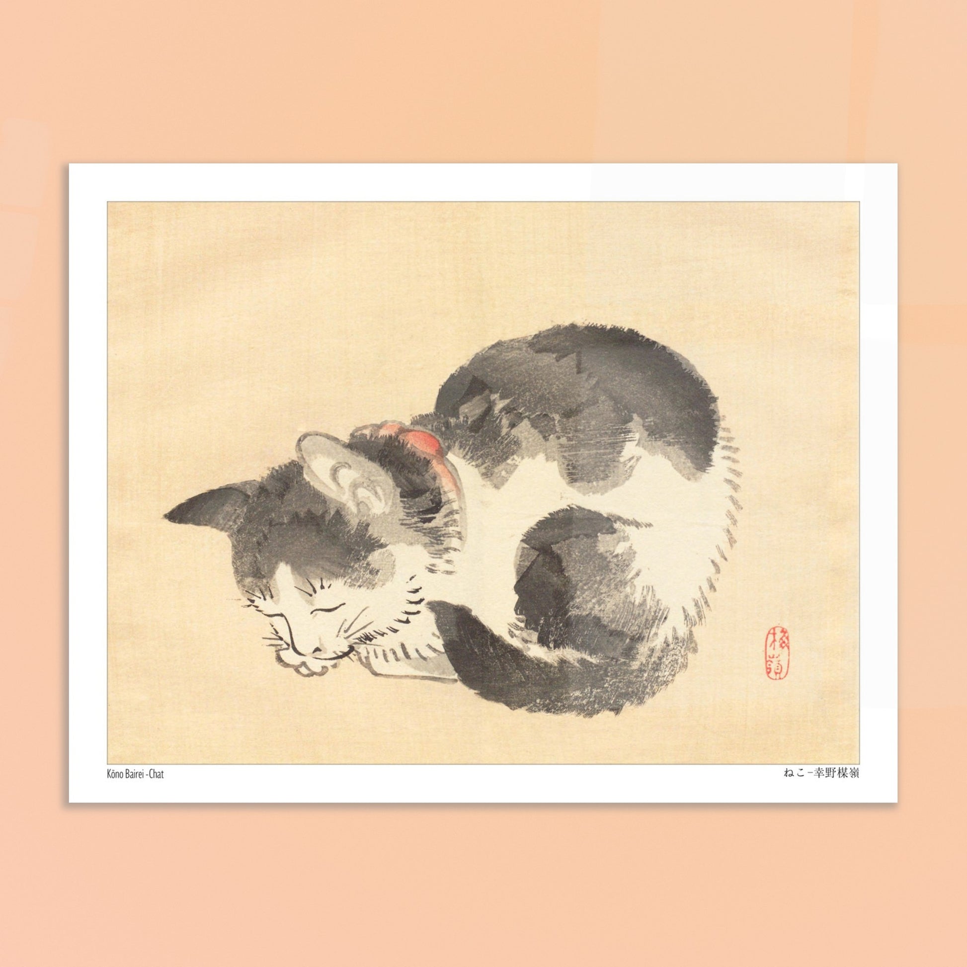 Illustration ancienne : Chat endormi par Kōno Bairei. Une illustration d'un chat domestique endormi enroulé sur lui-même, dans le style de Kōno Bairei. Image d'illustration 6