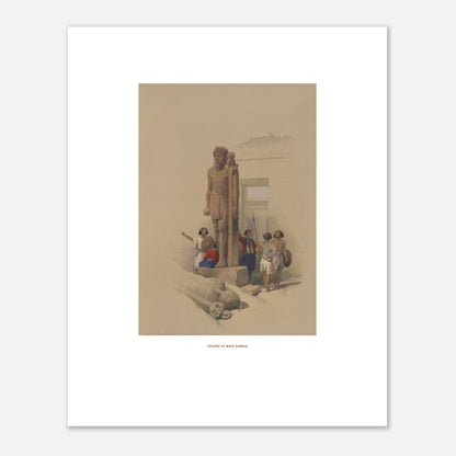 Illustration ancienne : Colosses à Wadi es-Seboua - David Roberts (40x50 cm). Lithographie ancienne montrant un colosse à Wadi Saboua, avec des personnages et des ruines.