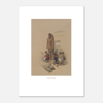 Illustration ancienne : Colosses à Wadi es-Seboua - David Roberts (50x70 cm). Lithographie ancienne montrant un colosse à Wadi Saboua, avec des personnages et des ruines.