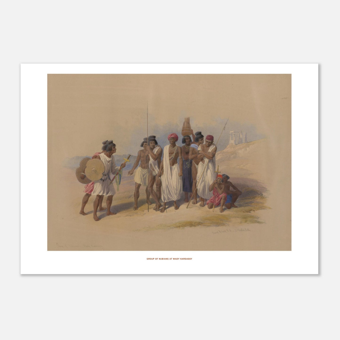 Groupe de Nubiens à Wadi Kardassy — Illustration de David Roberts (21x29,7 cm (A4)). Lithographie ancienne montrant un groupe de Nubiens à Wadi Kardassy, certains portant des lances et un bouclier, dans un paysage désertique.