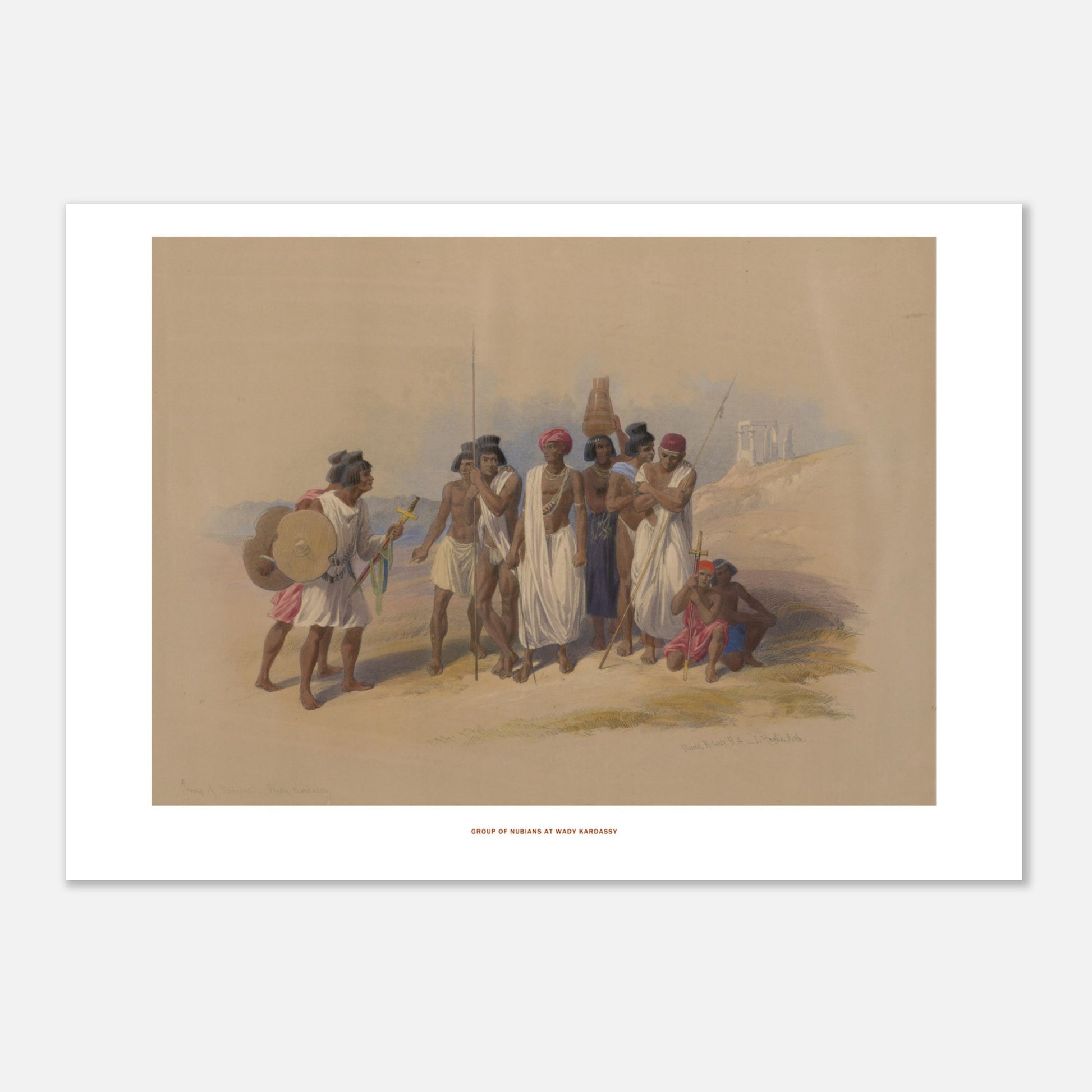 Groupe de Nubiens à Wadi Kardassy — Illustration de David Roberts (21x29,7 cm (A4)). Lithographie ancienne montrant un groupe de Nubiens à Wadi Kardassy, certains portant des lances et un bouclier, dans un paysage désertique.