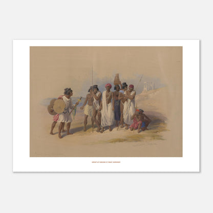 Groupe de Nubiens à Wadi Kardassy — Illustration de David Roberts (21x29,7 cm (A4)). Lithographie ancienne montrant un groupe de Nubiens à Wadi Kardassy, certains portant des lances et un bouclier, dans un paysage désertique.