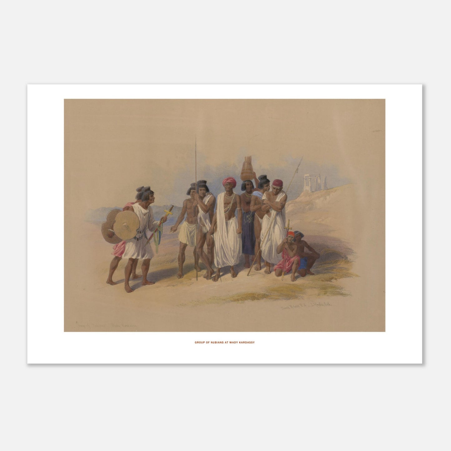 Groupe de Nubiens à Wadi Kardassy — Illustration de David Roberts (29,7x42 cm (A3)). Lithographie ancienne montrant un groupe de Nubiens à Wadi Kardassy, certains portant des lances et un bouclier, dans un paysage désertique.