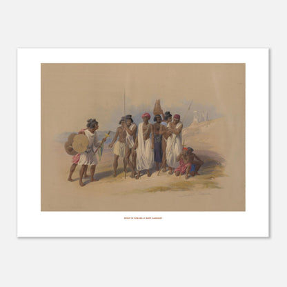 Groupe de Nubiens à Wadi Kardassy — Illustration de David Roberts (30x40 cm). Lithographie ancienne montrant un groupe de Nubiens à Wadi Kardassy, certains portant des lances et un bouclier, dans un paysage désertique.