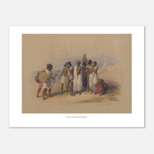Groupe de Nubiens à Wadi Kardassy — Illustration de David Roberts (30x40 cm). Lithographie ancienne montrant un groupe de Nubiens à Wadi Kardassy, certains portant des lances et un bouclier, dans un paysage désertique.