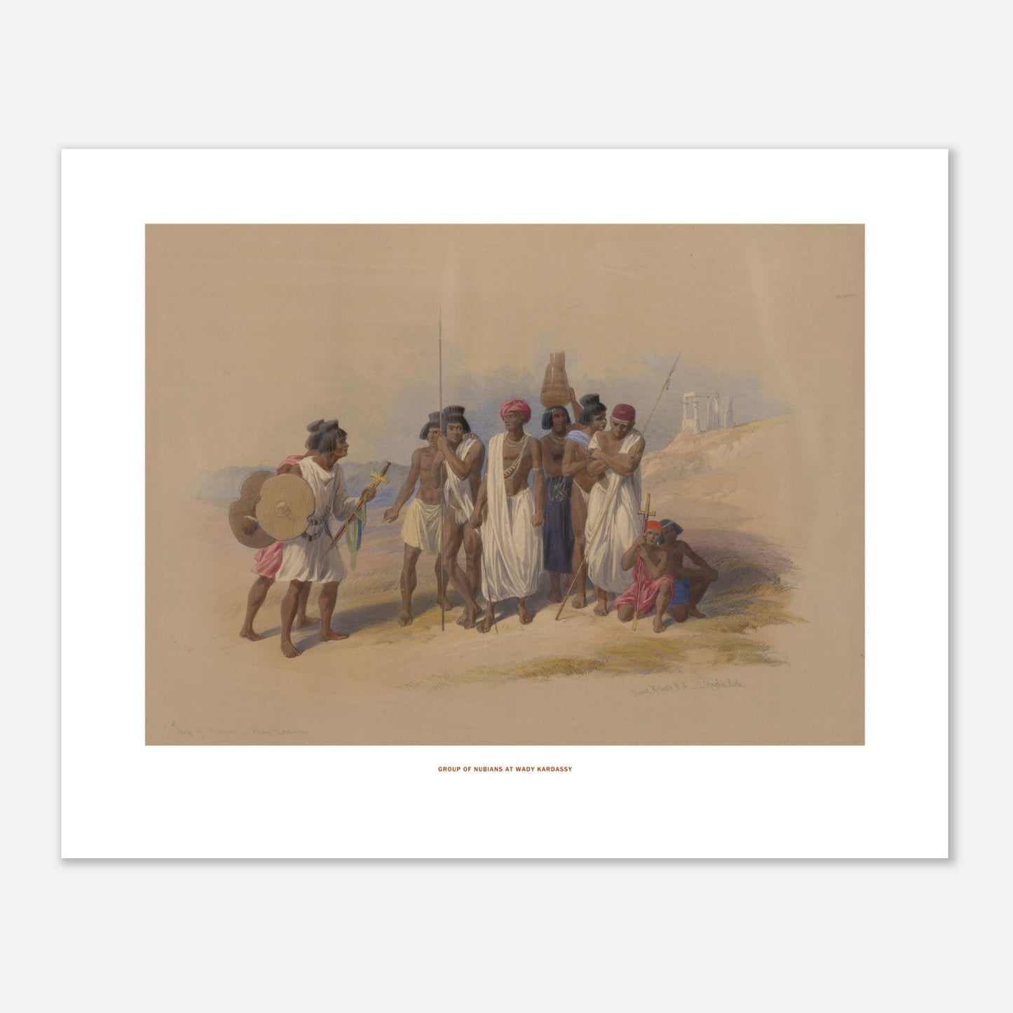 Groupe de Nubiens à Wadi Kardassy — Illustration de David Roberts (40x50 cm). Lithographie ancienne montrant un groupe de Nubiens à Wadi Kardassy, certains portant des lances et un bouclier, dans un paysage désertique.