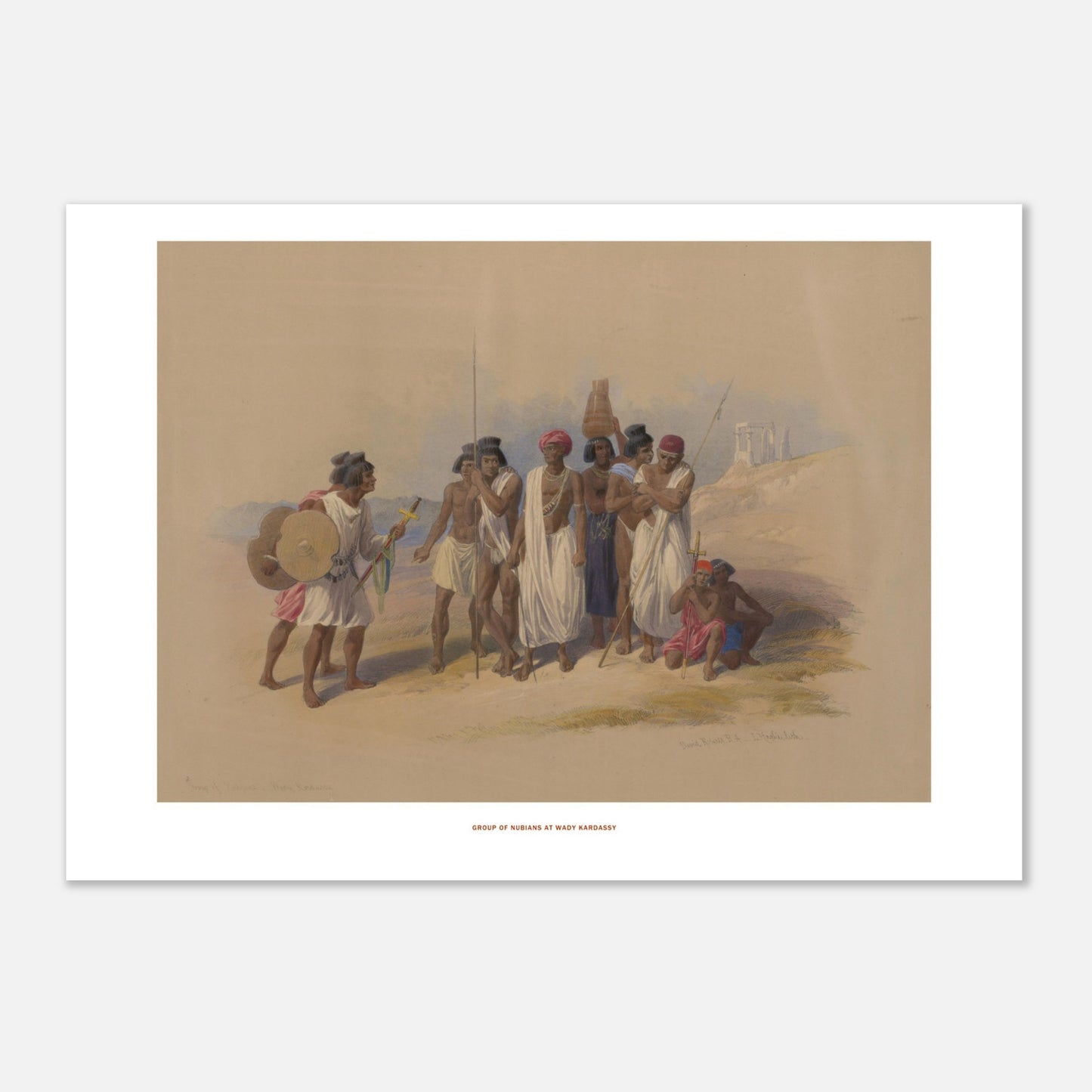 Groupe de Nubiens à Wadi Kardassy — Illustration de David Roberts (42x59,4 cm (A2)). Lithographie ancienne montrant un groupe de Nubiens à Wadi Kardassy, certains portant des lances et un bouclier, dans un paysage désertique.