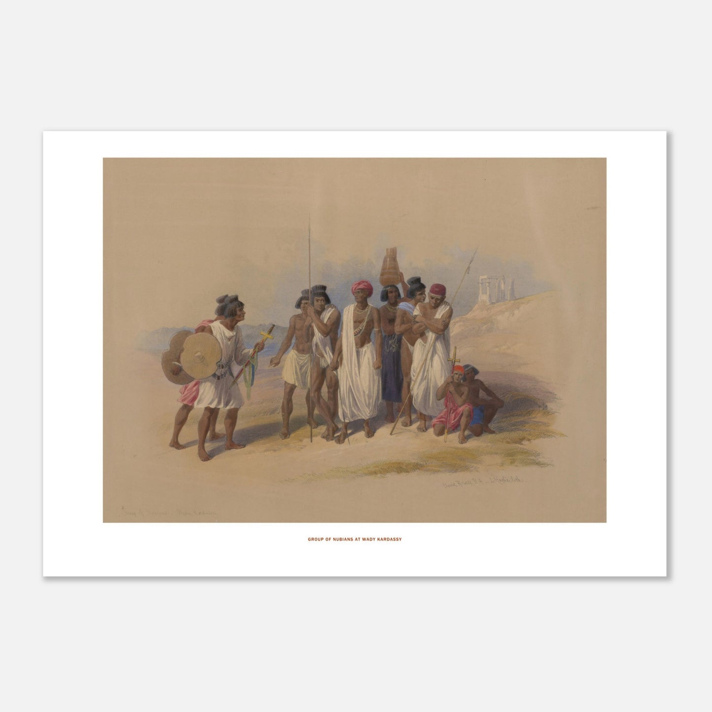 Groupe de Nubiens à Wadi Kardassy — Illustration de David Roberts (50x70 cm). Lithographie ancienne montrant un groupe de Nubiens à Wadi Kardassy, certains portant des lances et un bouclier, dans un paysage désertique.