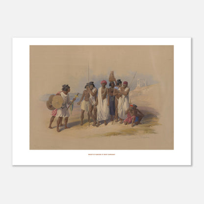 Groupe de Nubiens à Wadi Kardassy — Illustration de David Roberts (50x70 cm). Lithographie ancienne montrant un groupe de Nubiens à Wadi Kardassy, certains portant des lances et un bouclier, dans un paysage désertique.