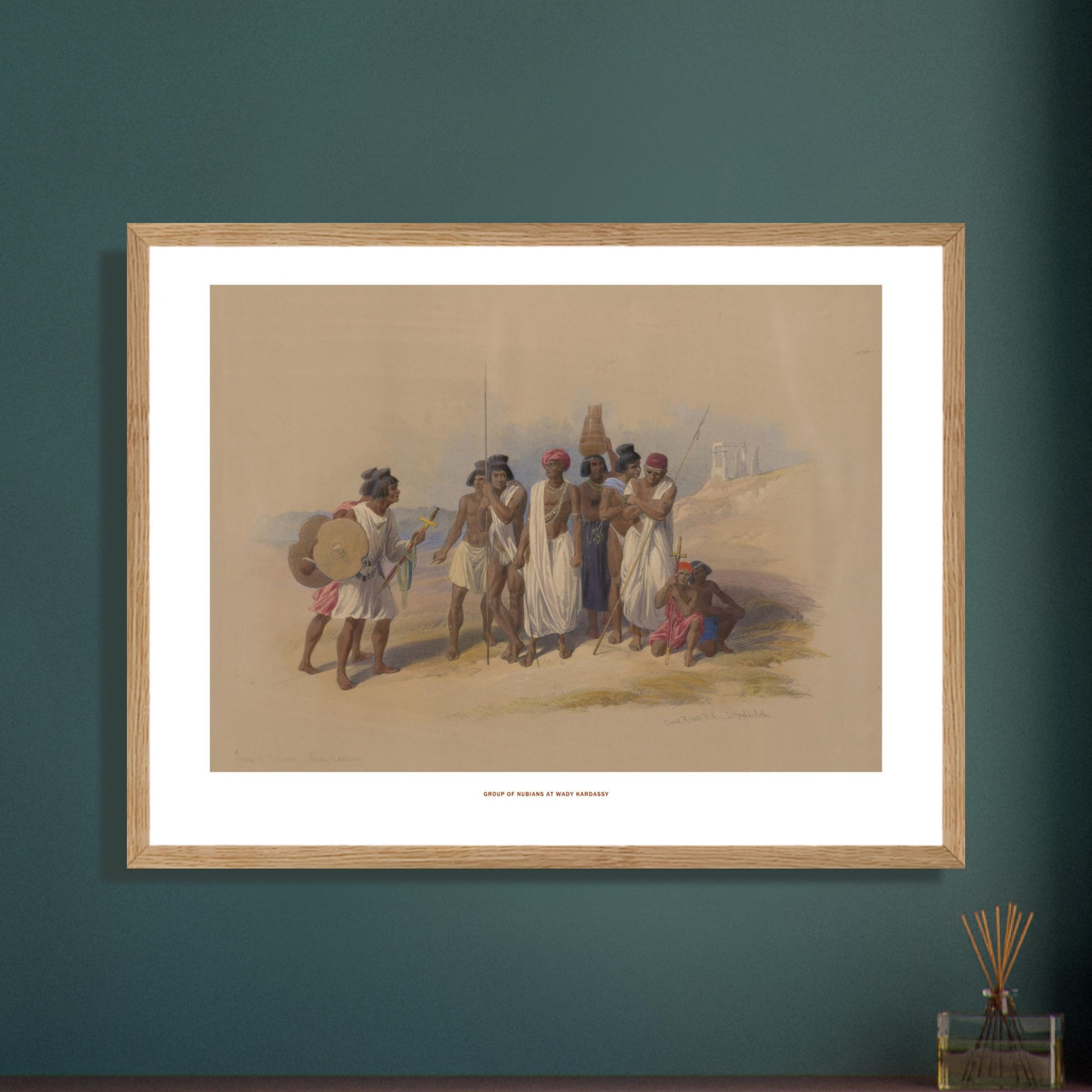 Groupe de Nubiens à Wadi Kardassy — Illustration de David Roberts. Lithographie ancienne montrant un groupe de Nubiens à Wadi Kardassy, certains portant des lances et un bouclier, dans un paysage désertique. Image d'illustration 6