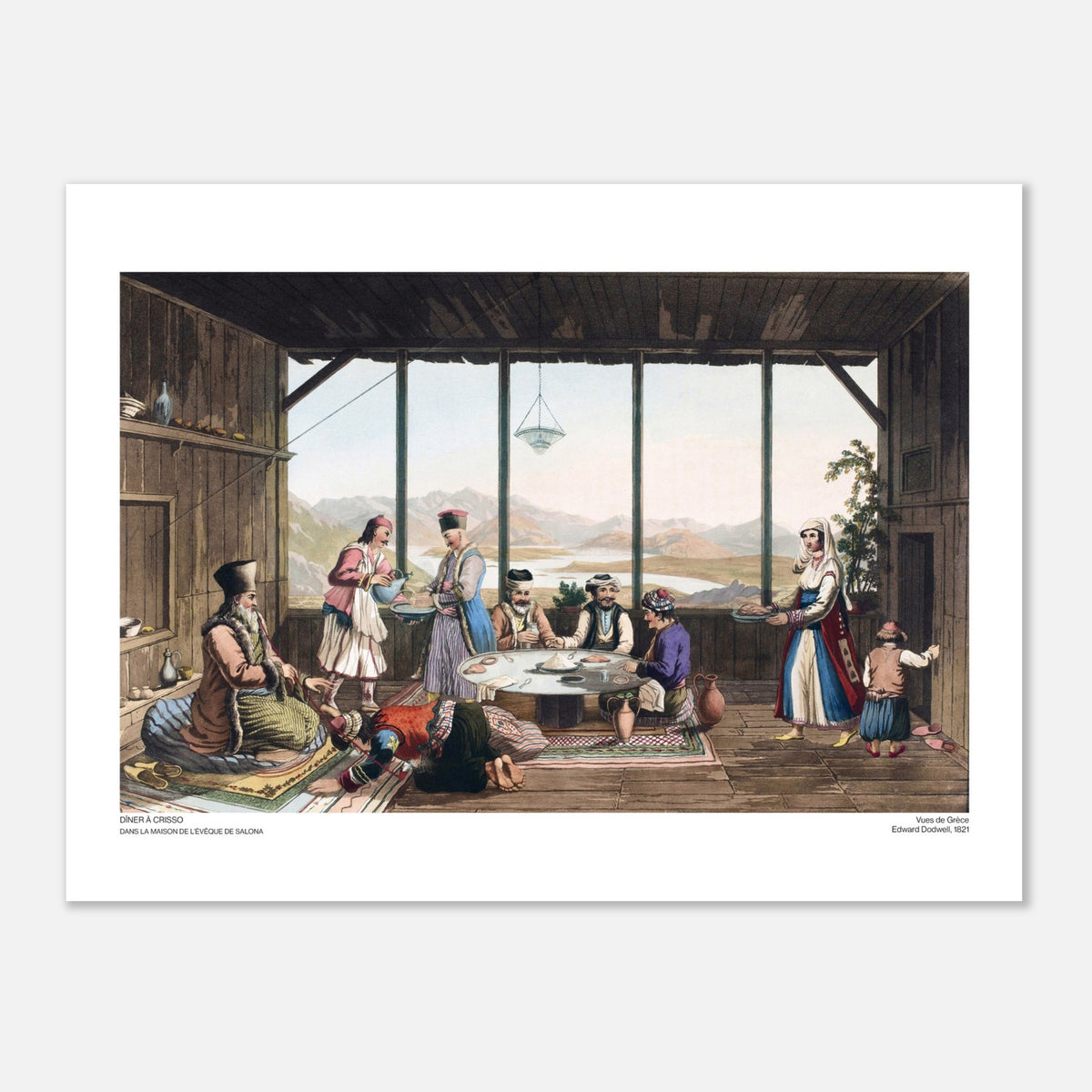 Incisione di una cena a Crisso presso il vescovo di Salona, di Edward Dodwell (30x40 cm). Illustrazione di una scena d'interni intitolata "Cena a Crisso, nella casa del vescovo di Salona", che mostra diverse persone sedute attorno a un tavolo in una stanza con vista sulle montagne.