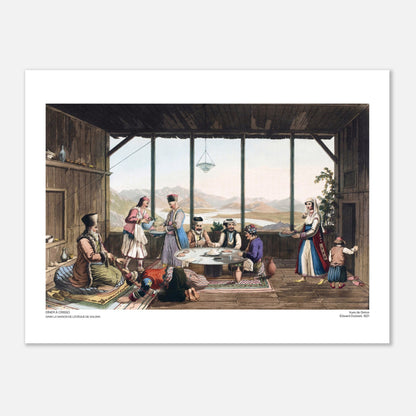 Incisione di una cena a Crisso presso il vescovo di Salona, di Edward Dodwell (30x40 cm). Illustrazione di una scena d'interni intitolata "Cena a Crisso, nella casa del vescovo di Salona", che mostra diverse persone sedute attorno a un tavolo in una stanza con vista sulle montagne.