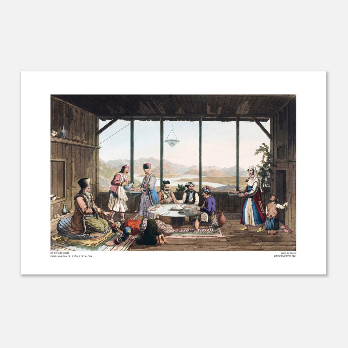 Incisione di una cena a Crisso presso il vescovo di Salona, di Edward Dodwell (40x60 cm). Illustrazione di una scena d'interni intitolata "Cena a Crisso, nella casa del vescovo di Salona", che mostra diverse persone sedute attorno a un tavolo in una stanza con vista sulle montagne.