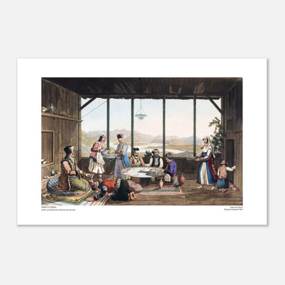 Incisione di una cena a Crisso presso il vescovo di Salona, di Edward Dodwell (40x60 cm). Illustrazione di una scena d'interni intitolata "Cena a Crisso, nella casa del vescovo di Salona", che mostra diverse persone sedute attorno a un tavolo in una stanza con vista sulle montagne.