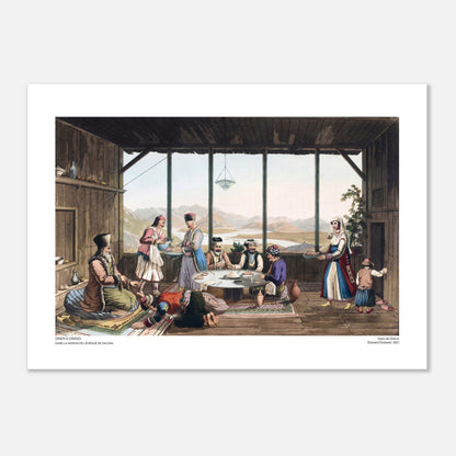 Incisione di una cena a Crisso presso il vescovo di Salona, di Edward Dodwell (50x70 cm). Illustrazione di una scena d'interni intitolata "Cena a Crisso, nella casa del vescovo di Salona", che mostra diverse persone sedute attorno a un tavolo in una stanza con vista sulle montagne.