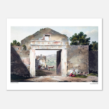 L'Ingresso di Atene vicino alla Porta di Adriano, illustrazione di Edward Dodwell (30x40 cm). Antica incisione raffigurante l'ingresso di Atene, un imponente arco in pietra con iscrizioni latine, personaggi e animali nel cortile.