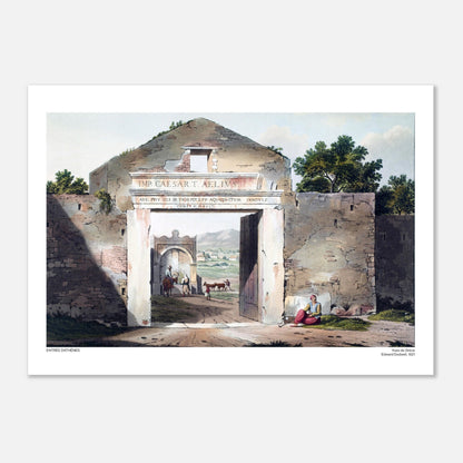 L'Ingresso di Atene vicino alla Porta di Adriano, illustrazione di Edward Dodwell (50x70 cm). Antica incisione raffigurante l'ingresso di Atene, un imponente arco in pietra con iscrizioni latine, personaggi e animali nel cortile.