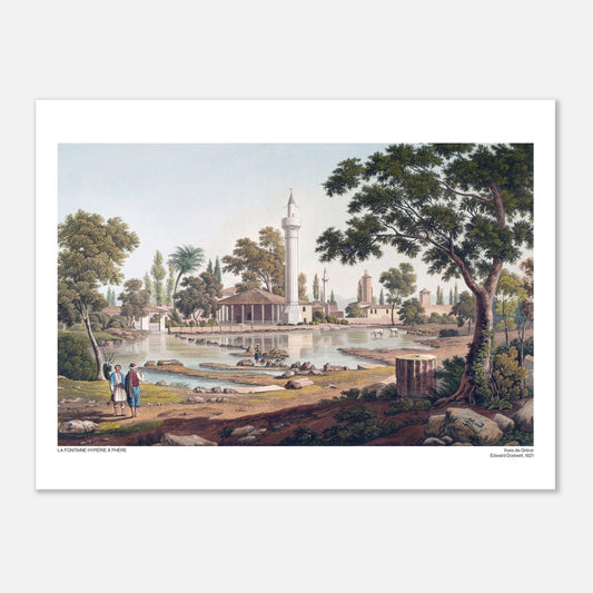 Illustrazione della Fontana Iperia a Fere, da Edward Dodwell (30x40 cm). Antica incisione raffigurante la fonte Iperia a Fere, con figure umane, un lago e un minareto, circondata da alberi e vegetazione.